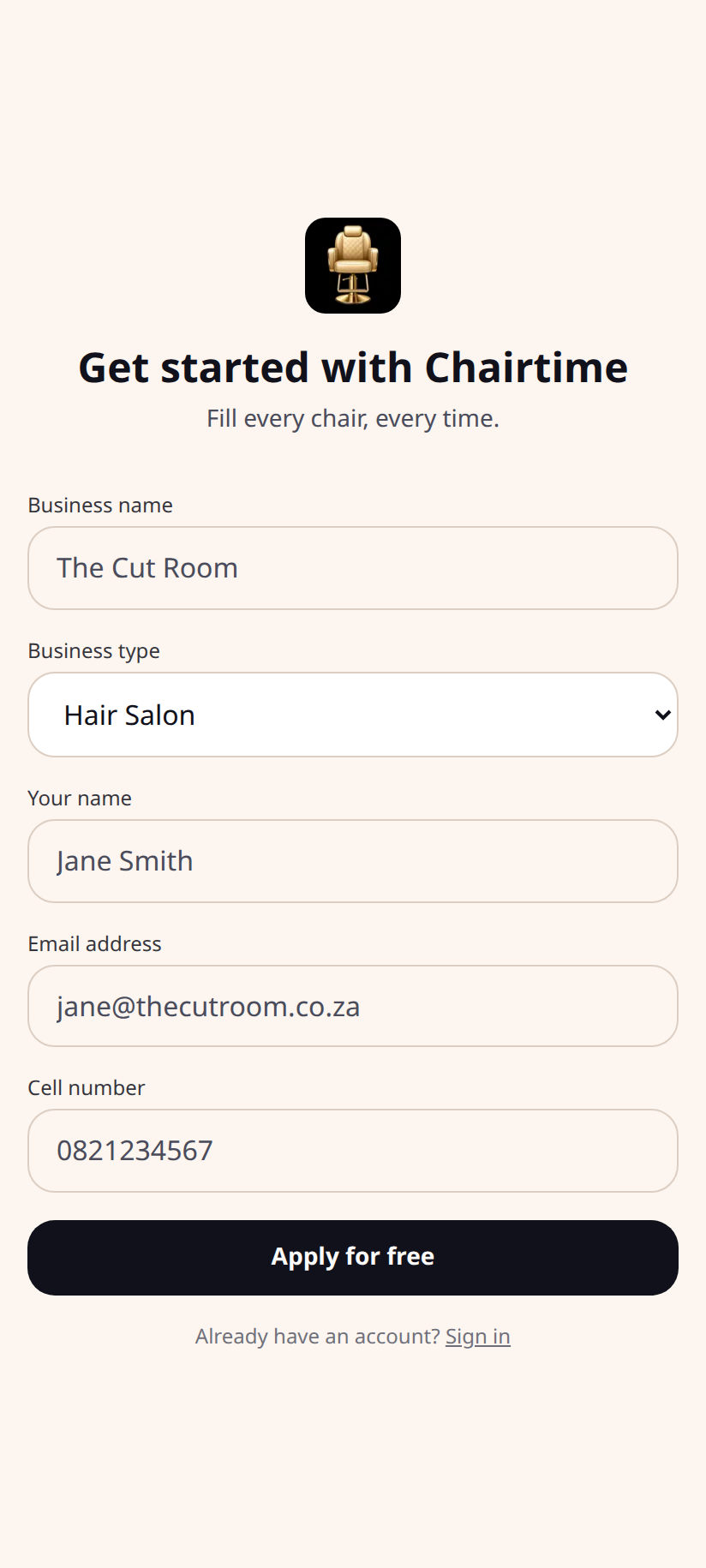 Signup form — on mobile