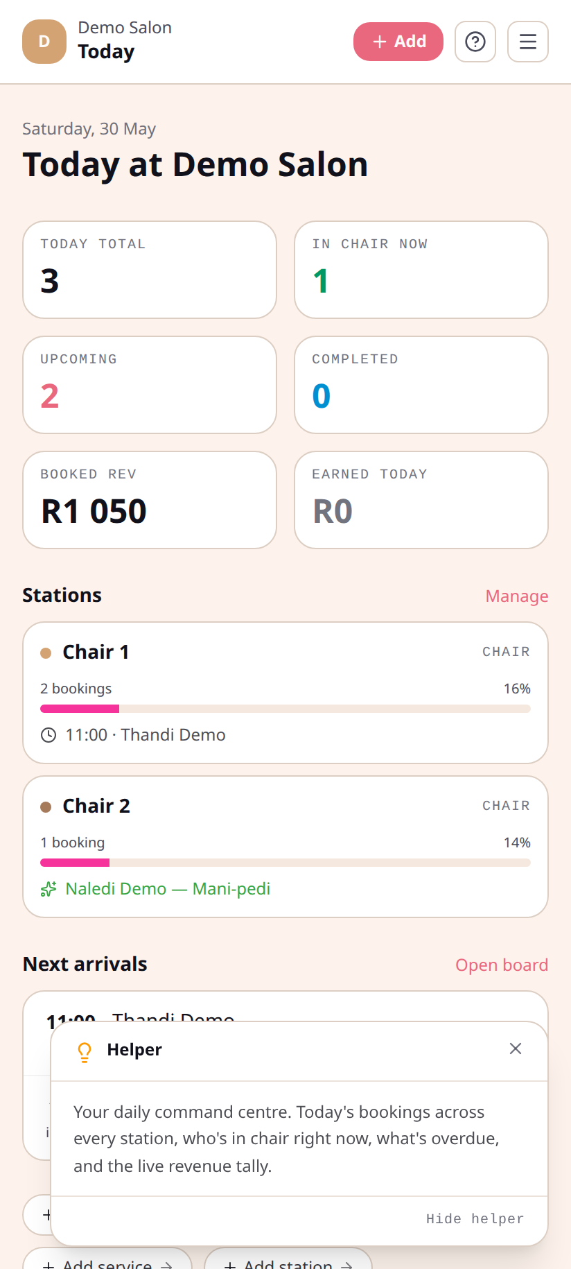 Today view with +New booking — on mobile
