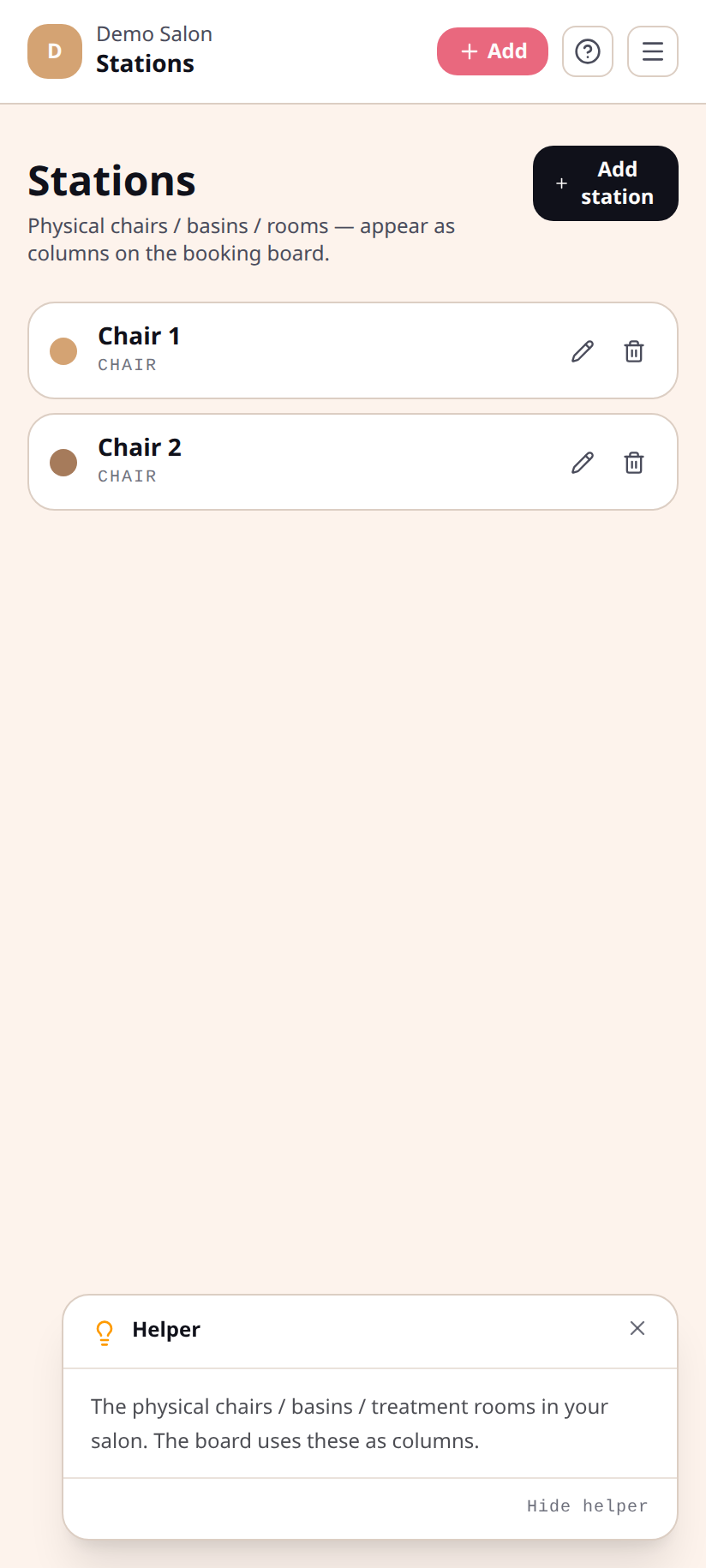 Stations page — on mobile