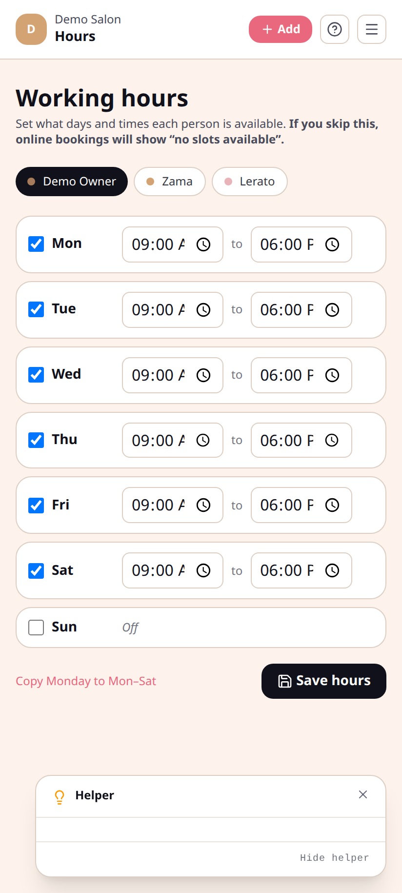 Hours page — on mobile