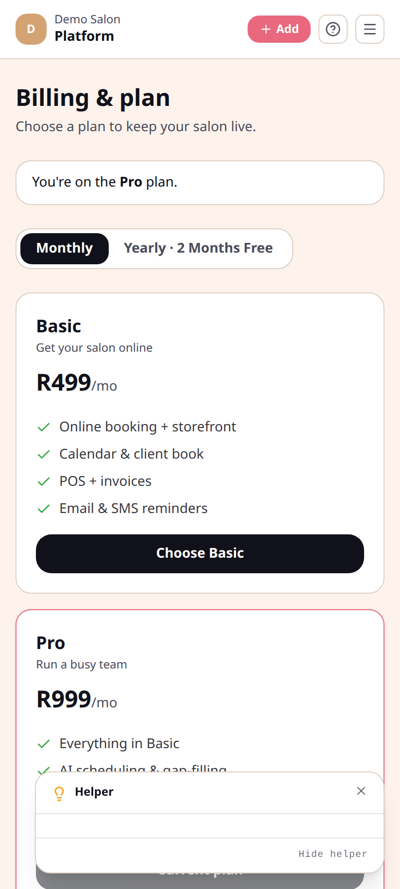 Billing page — on mobile