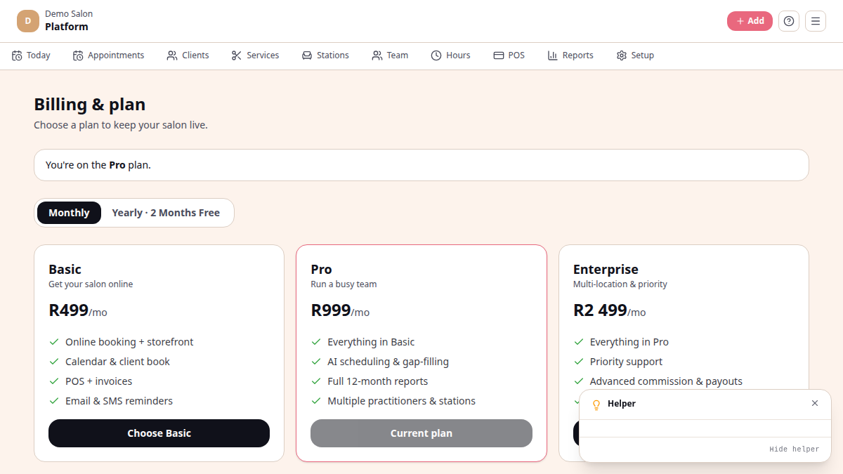 Billing page