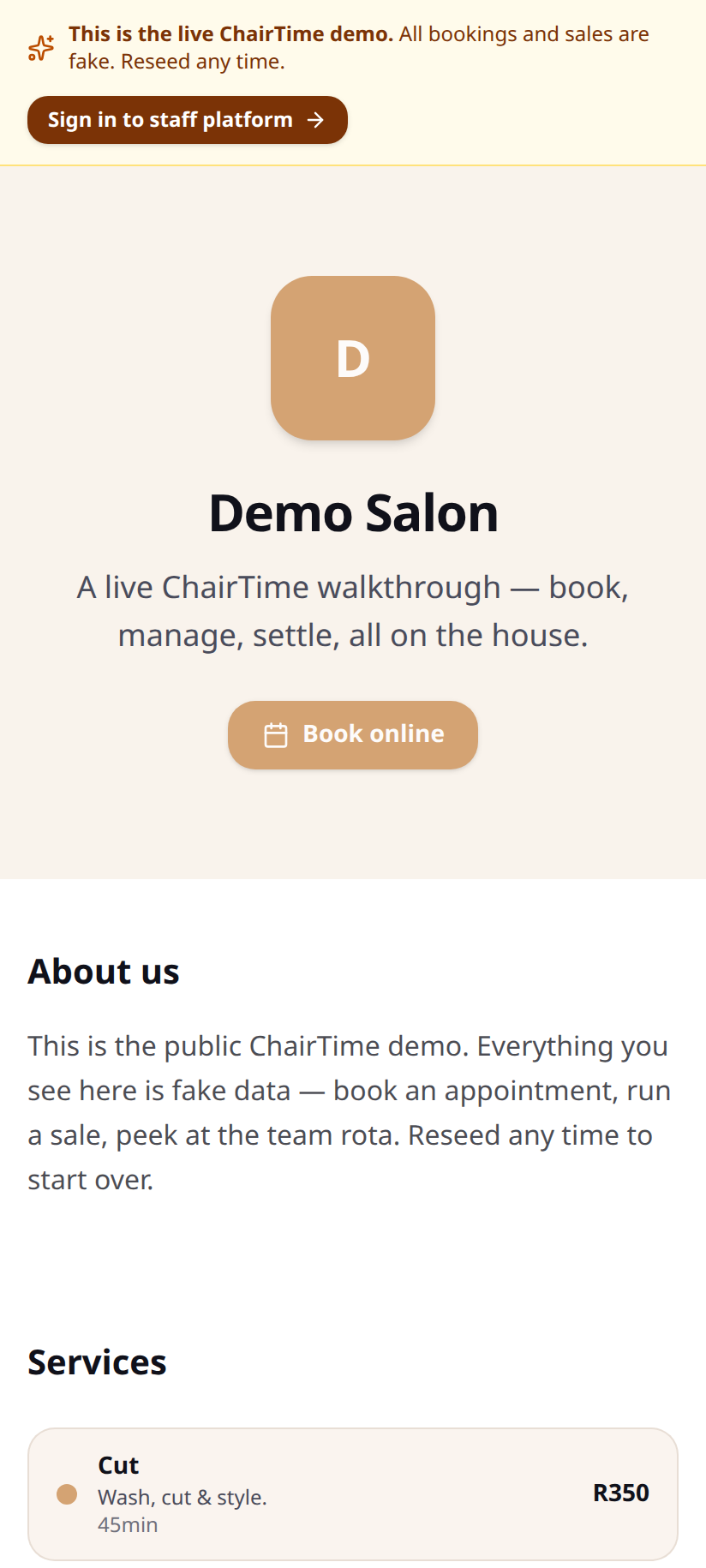 Storefront booking page — on mobile